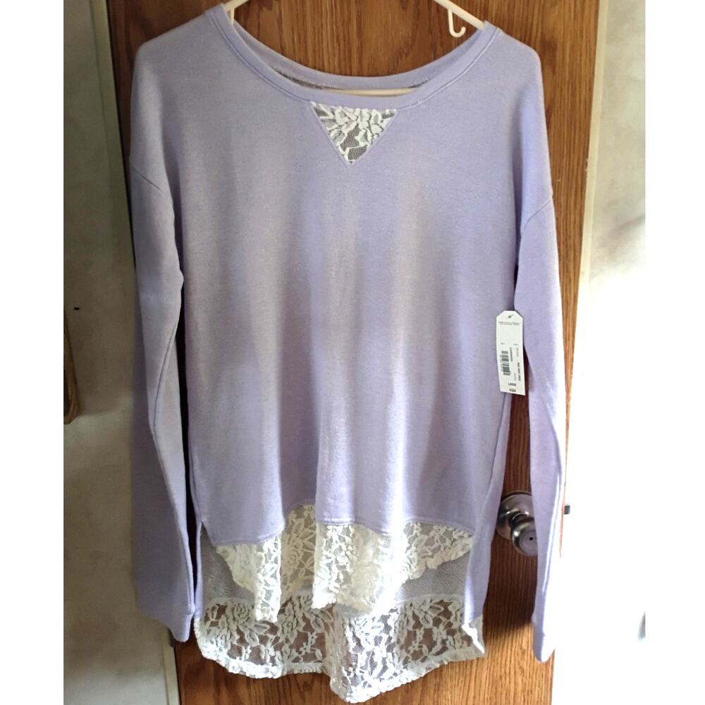 Lavender Hi Low Lace Hem Tunic Top Large Longline 3/4 Sleeve Romantic Boho